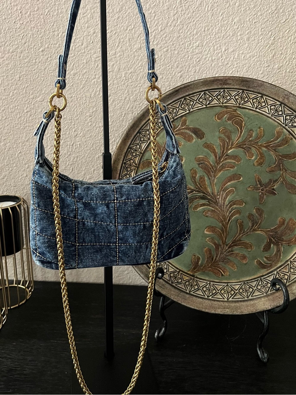 Zara Blue Quilted Denim Shoulder Bag with Gold Chain